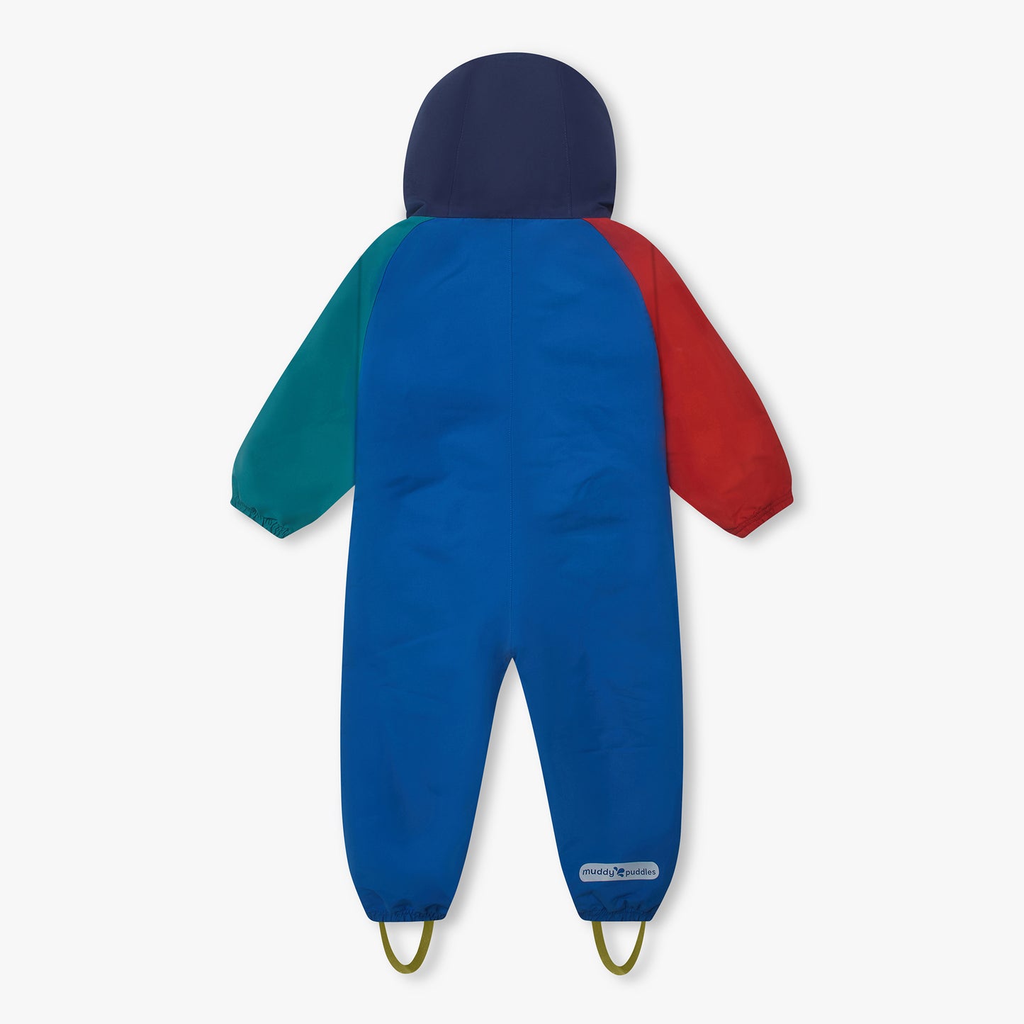 EcoLight Lightweight Waterproof Puddle Suit Blue Colourblock for children, featuring color-block panels, elasticized cuffs, ankle stirrups, and durable recycled fabric with waterproof protection.