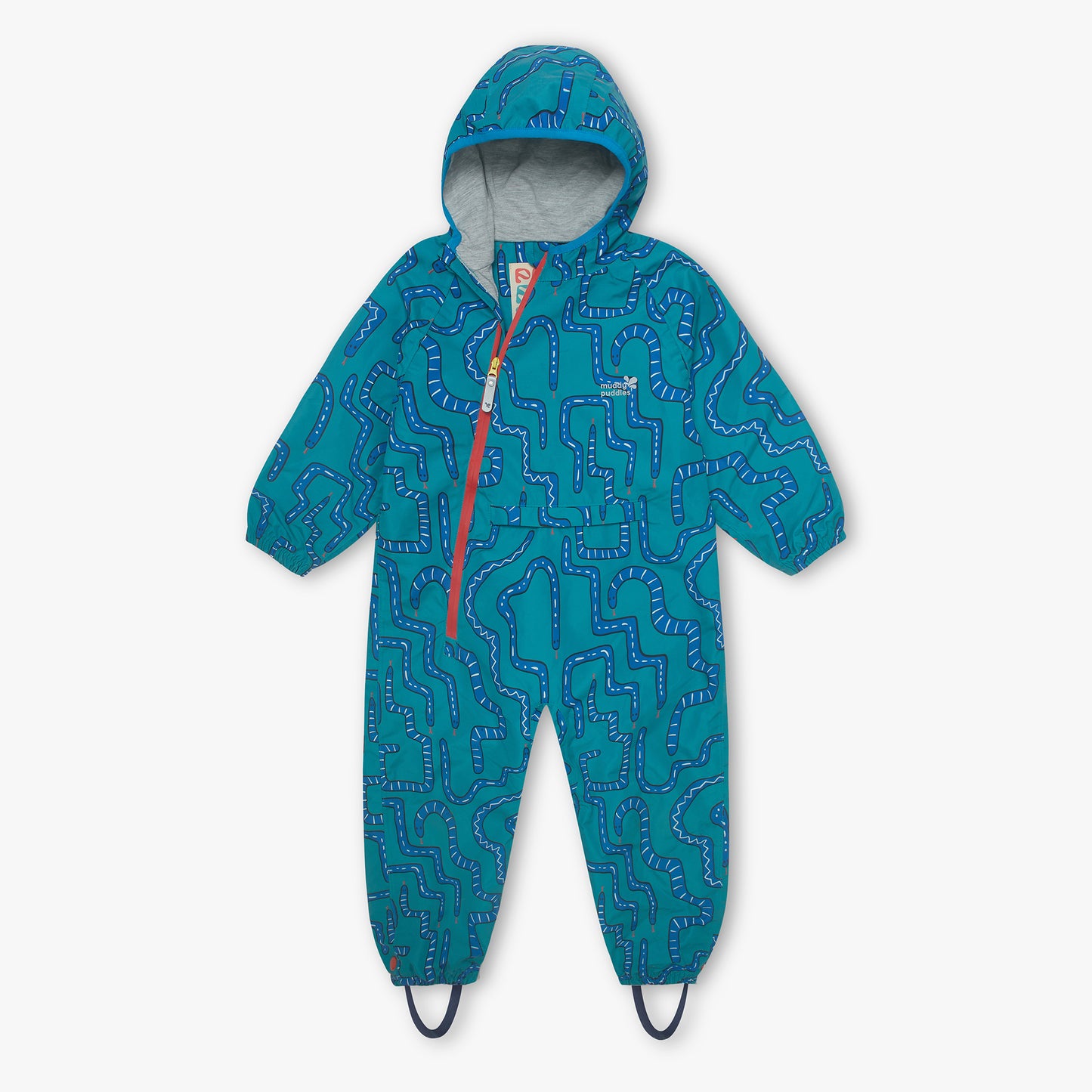 EcoLight Lightweight Waterproof Puddle Suit Green Snake: Durable, teal hooded suit with offset zipper, elasticated cuffs, foot straps, and breathable lining for adventurous kids' wet-weather play.