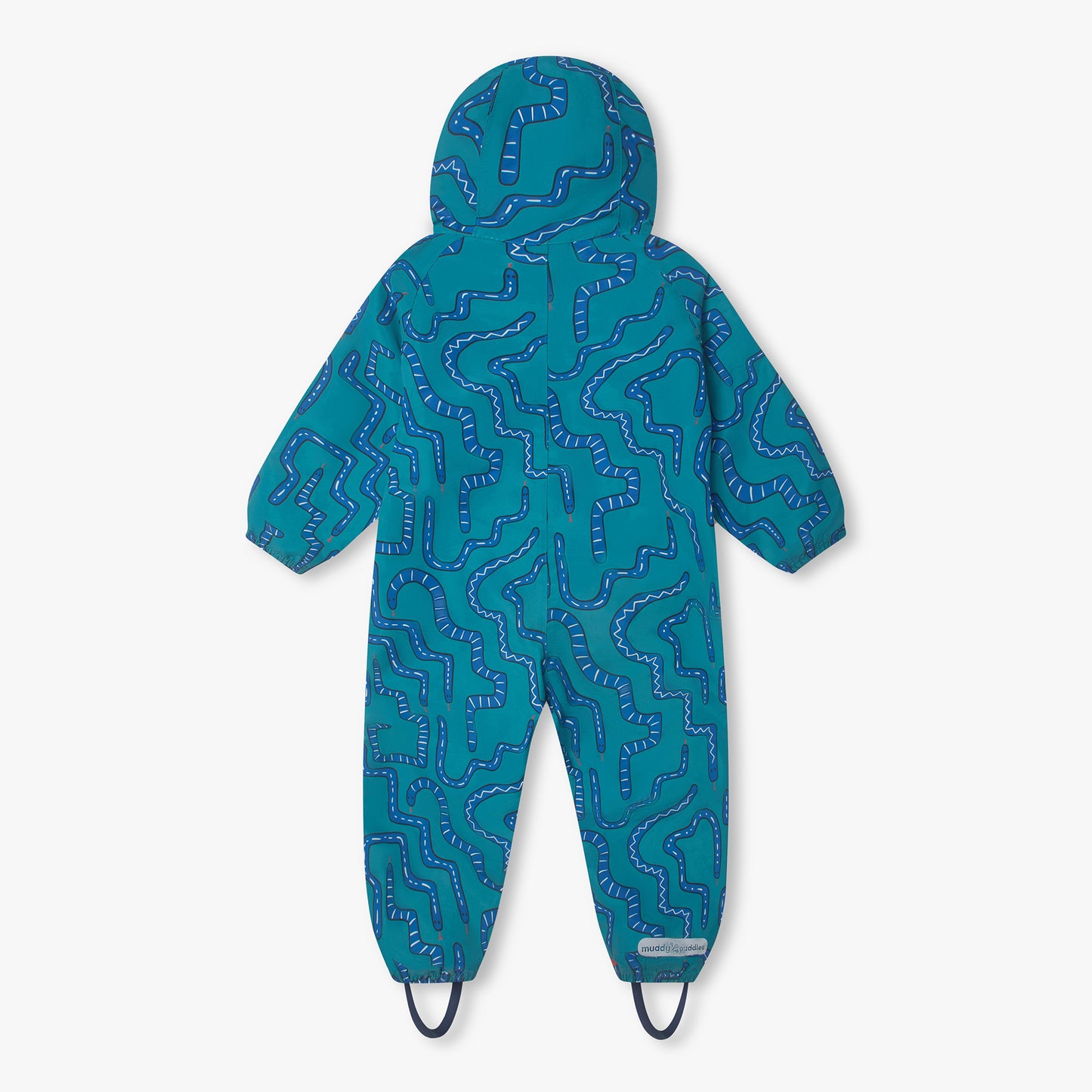 EcoLight Lightweight Waterproof Puddle Suit Green Snake: Durable teal-green rain suit with hood, elasticated cuffs, foot stirrups, and abstract blue pattern for all-weather children's adventures.