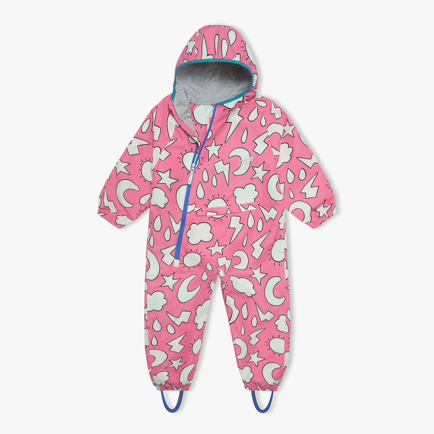 EcoLight Lightweight Waterproof Puddle Suit Pink Weather: Children's rain suit with weather motifs, hood, diagonal zipper, elastic cuffs, foot straps, and 10,000mm waterproof protection.