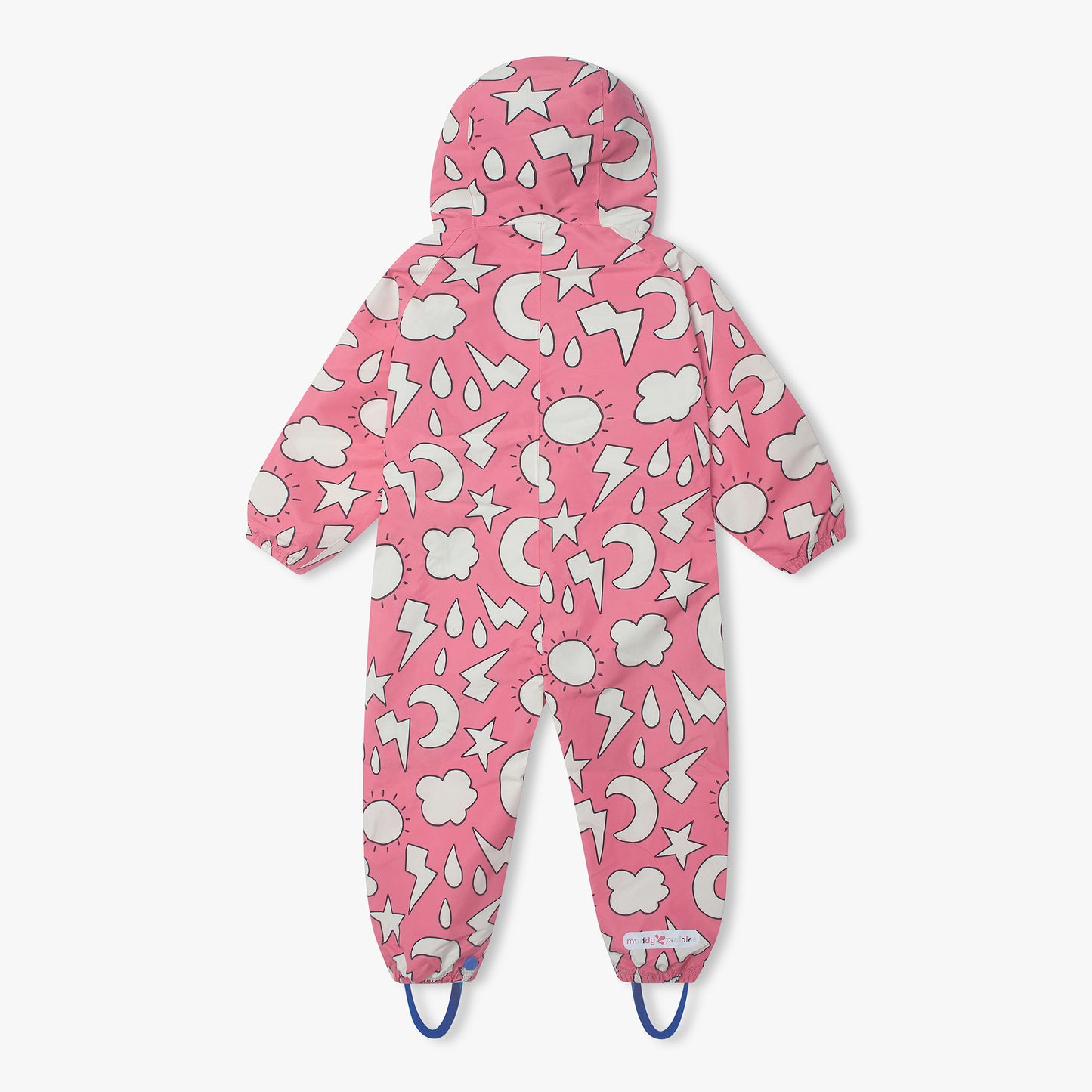 EcoLight Lightweight Waterproof Puddle Suit Pink Weather features a bright pink rain suit with weather motifs, elasticated hood, cuffs, adjustable foot straps, and waterproof zip.