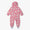 EcoLight Lightweight Waterproof Puddle Suit Pink Weather features a bright pink rain suit with weather motifs, elasticated hood, cuffs, adjustable foot straps, and waterproof zip.