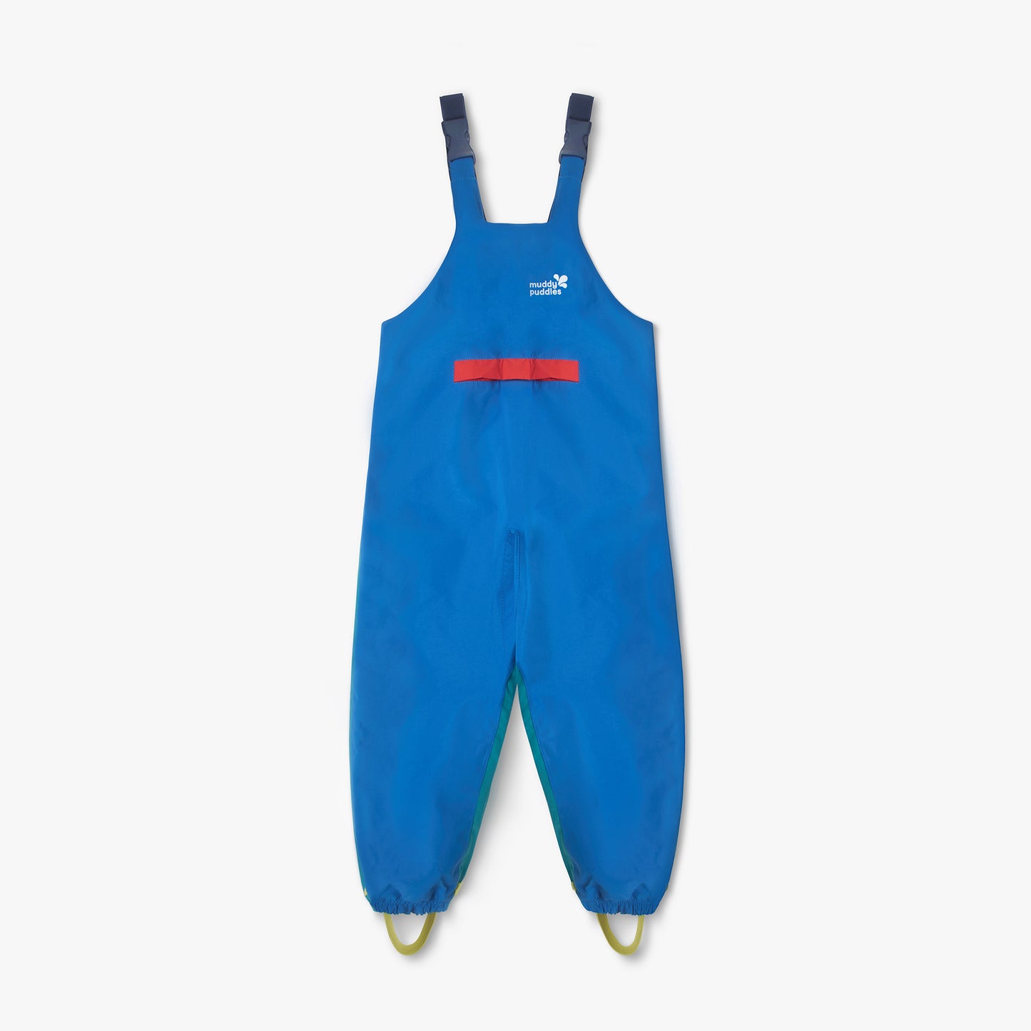 EcoLight Waterproof Dungarees feature adjustable straps, elasticated ankles, and a red pocket. Durable and waterproof, ideal for active play and wet-weather adventures.