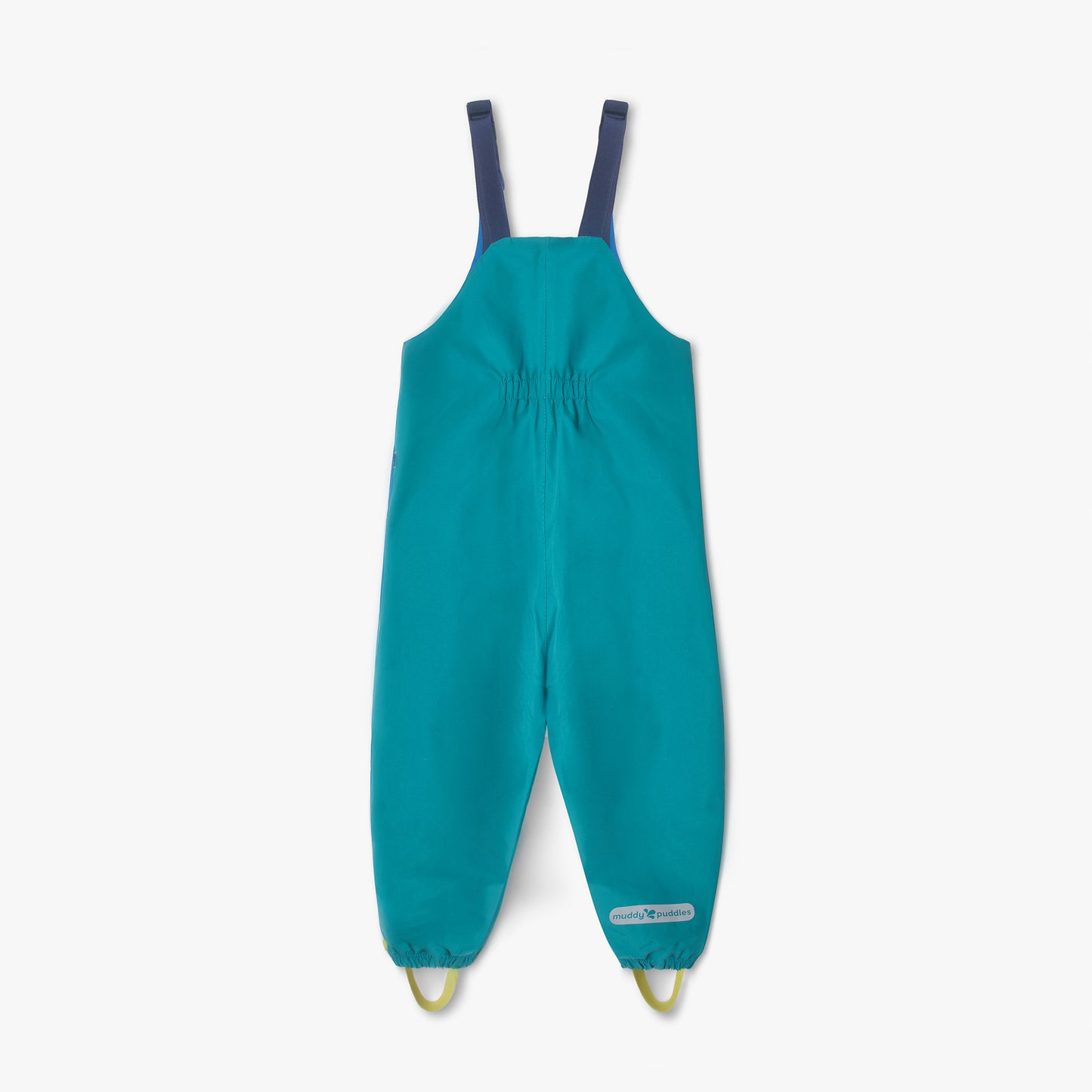 EcoLight Waterproof Dungarees Blue Colourblock with adjustable navy straps, elasticized ankles, foot straps, and muddy puddles logo, designed for durable, waterproof protection and comfortable wear.