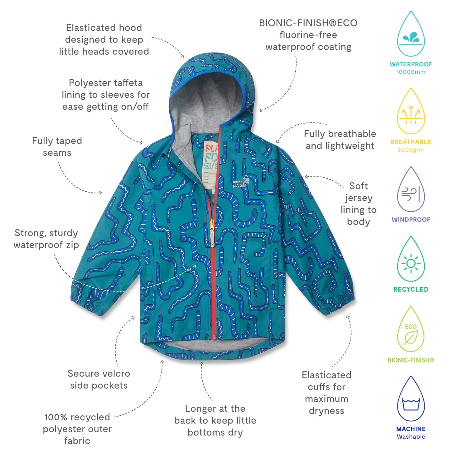 EcoLight Lightweight Waterproof Jacket Green Snake with elasticated hood, longer back hem, secure Velcro pockets, and fully taped seams for durable, waterproof protection.