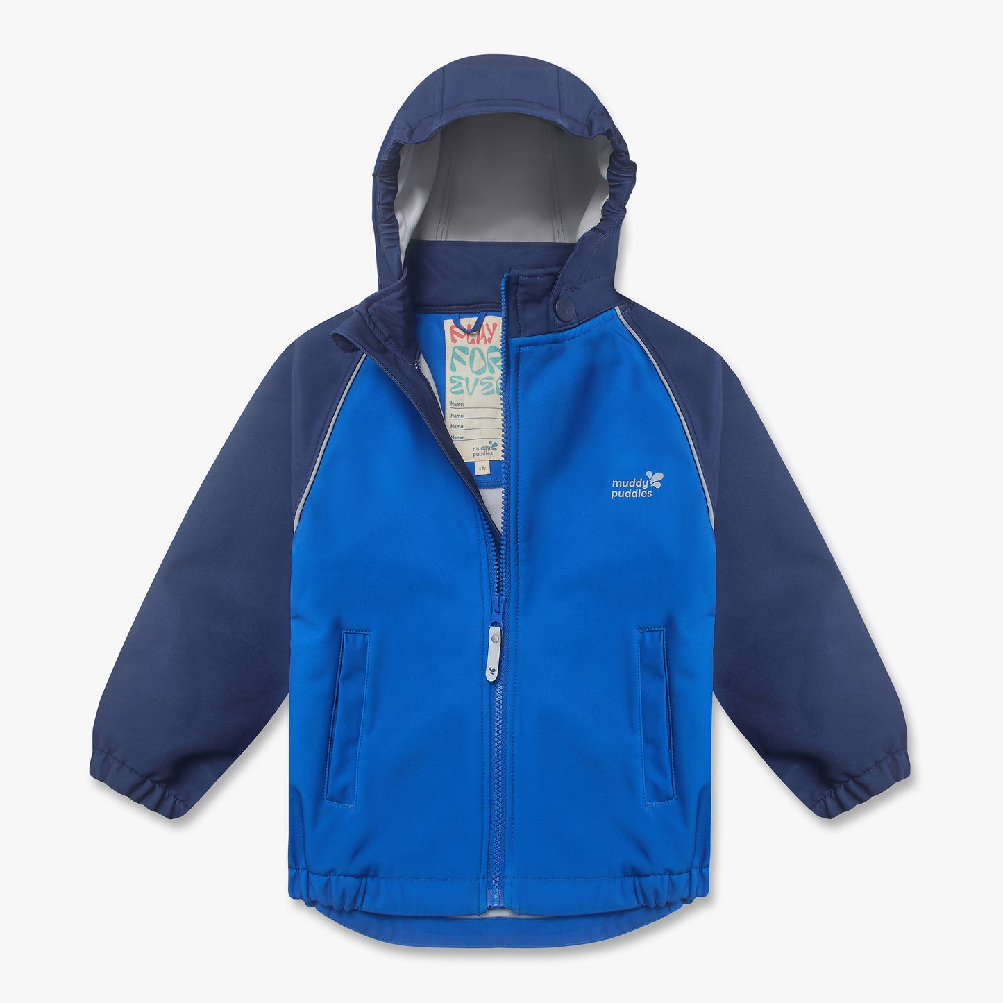Waterproof Softshell Jacket Blue with royal blue body, navy sleeves, hood, zipper, muddy puddles logo, elastic cuffs, and name-label tag. Perfect for outdoor adventures.