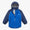 Waterproof Softshell Jacket Blue with royal blue body, navy sleeves, hood, zipper, muddy puddles logo, elastic cuffs, and name-label tag. Perfect for outdoor adventures.