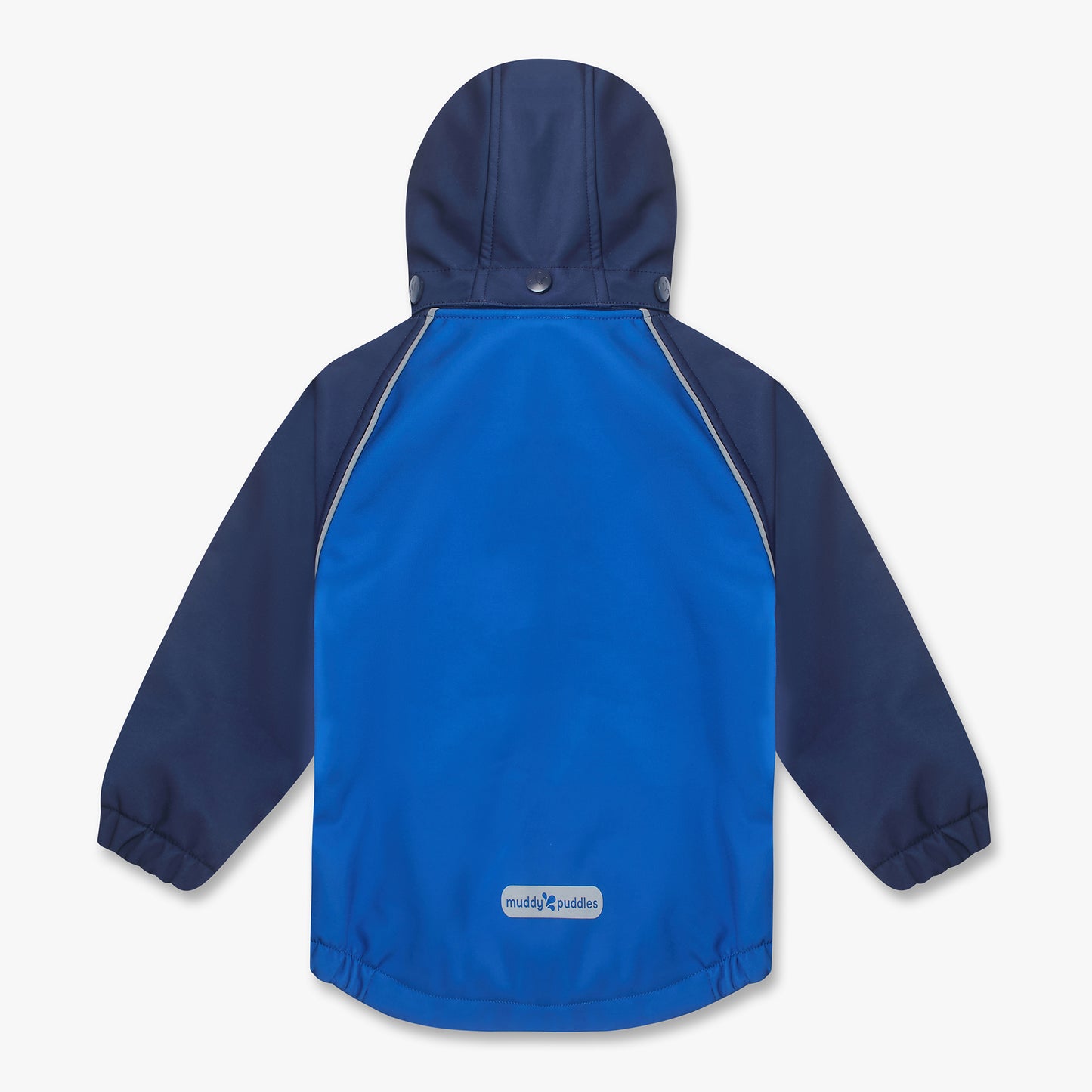 Waterproof Softshell Jacket Blue with navy hood, elasticated cuffs, reflective piping, and muddy puddles logo, designed for durability and outdoor adventures.