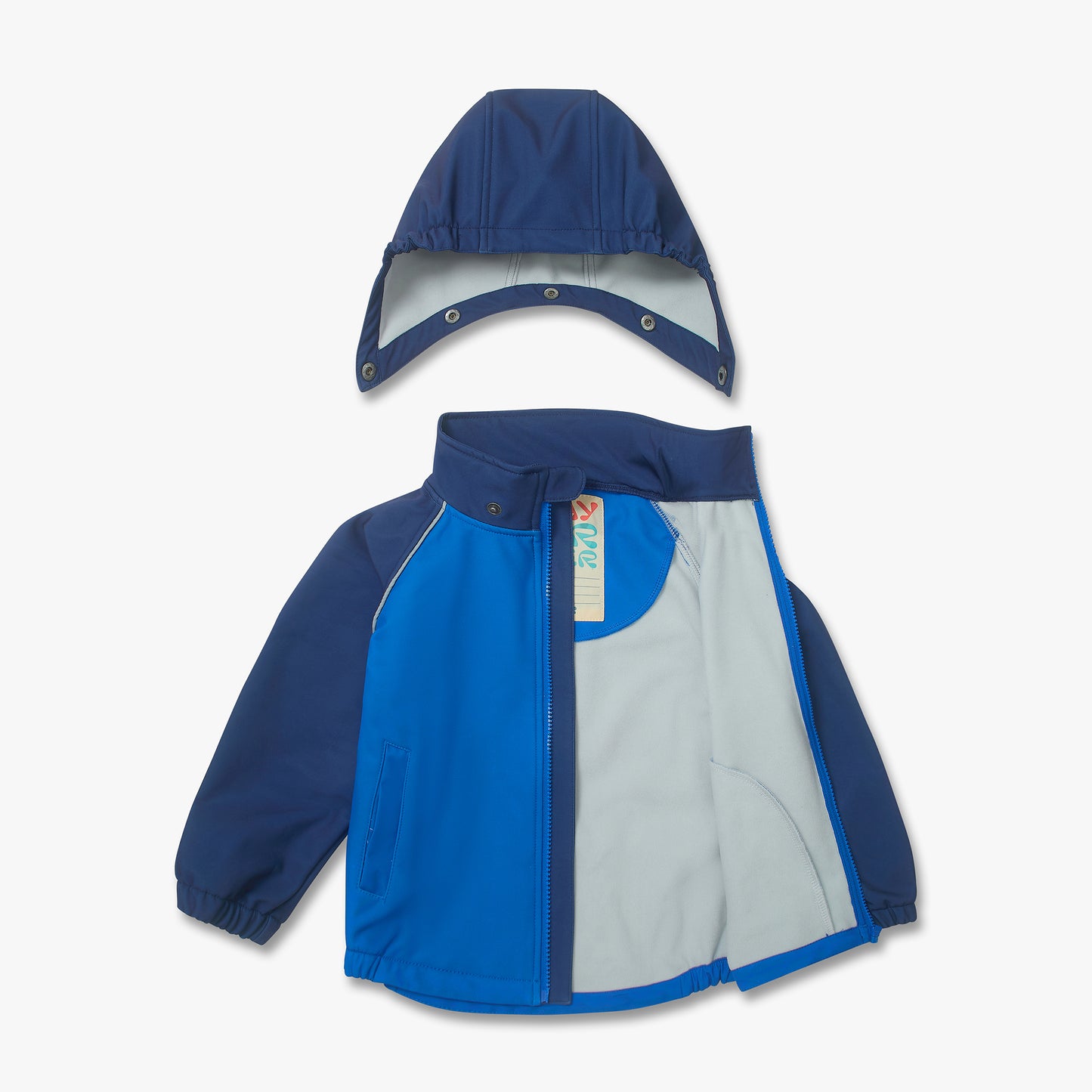 Waterproof Softshell Jacket Blue for kids, showcasing a durable design with detachable hood, front zipper, elastic cuffs, and reflective details, ideal for outdoor adventures.