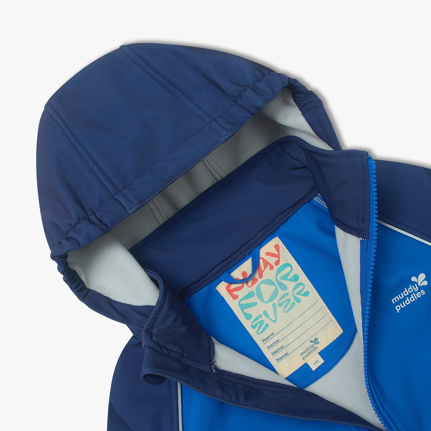 Waterproof Softshell Jacket Blue with fleece-lined hood, chin guard, and reflective details, featuring a durable design for young explorers' outdoor adventures.