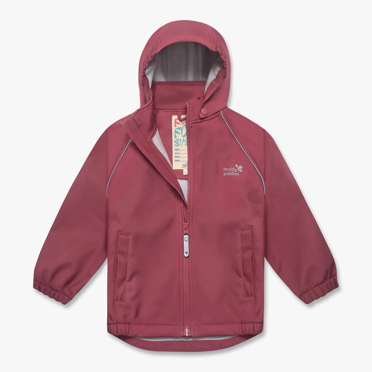 Waterproof Softshell Jacket Pink with hood, full zipper, two patch pockets, elasticated cuffs, reflective piping, and muddy puddles logo. Ideal for children's outdoor adventures.