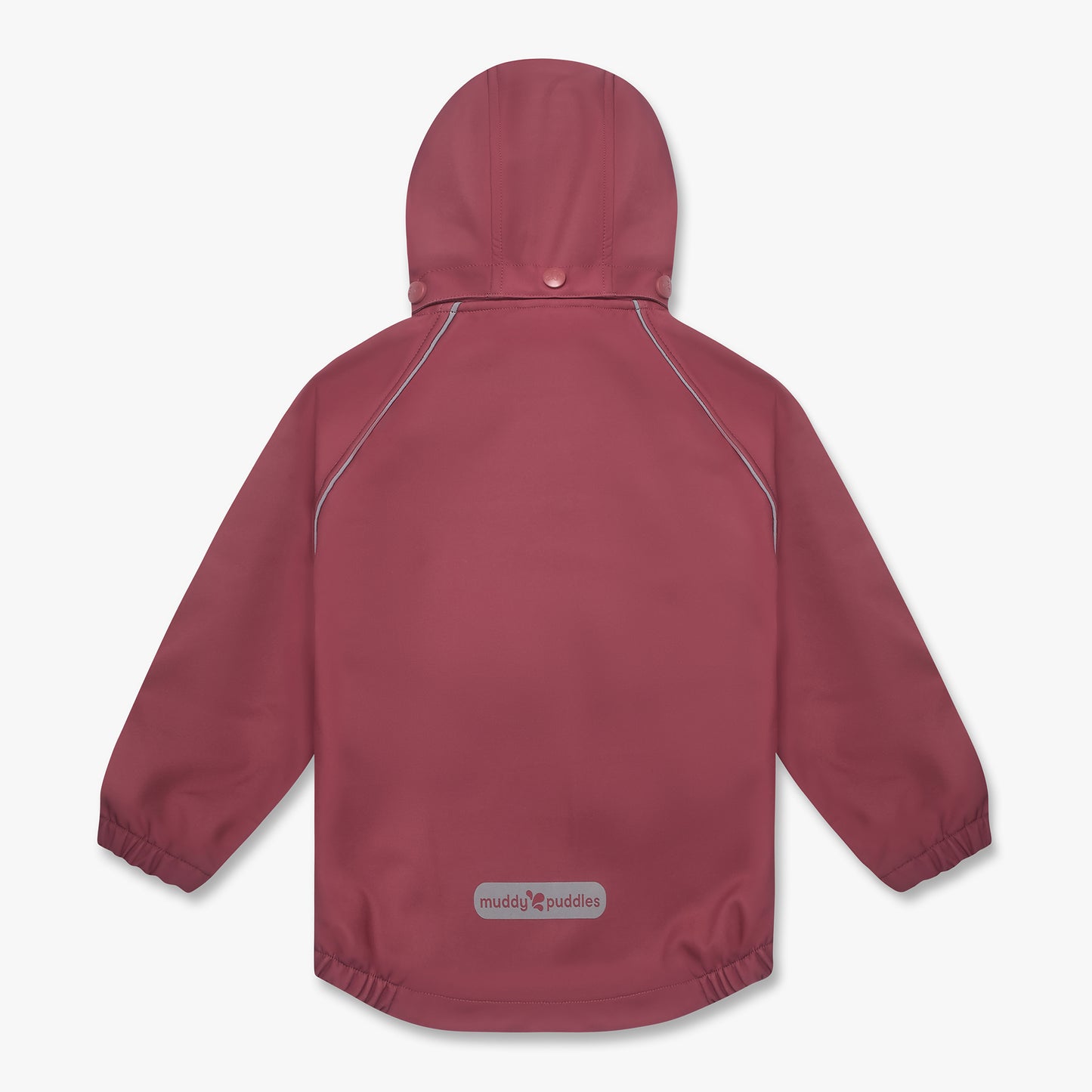 Children’s Waterproof Softshell Jacket in muted cranberry-pink with snap-on hood, elasticated cuffs, reflective piping, and muddy puddles logo. Ideal for adventurous outdoor play.