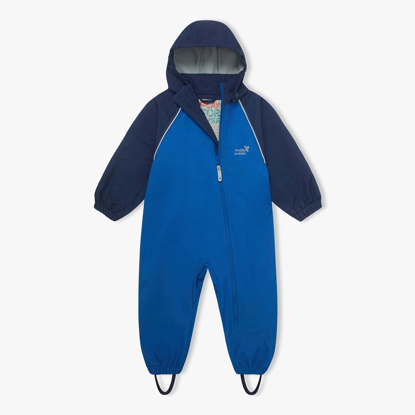 Waterproof Softshell Puddle Suit Blue: Durable children's rain romper with asymmetrical zipper, elasticated cuffs, and stirrup straps for secure fit; perfect for wet weather adventures.