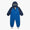 Waterproof Softshell Puddle Suit Blue: Durable children's rain romper with asymmetrical zipper, elasticated cuffs, and stirrup straps for secure fit; perfect for wet weather adventures.