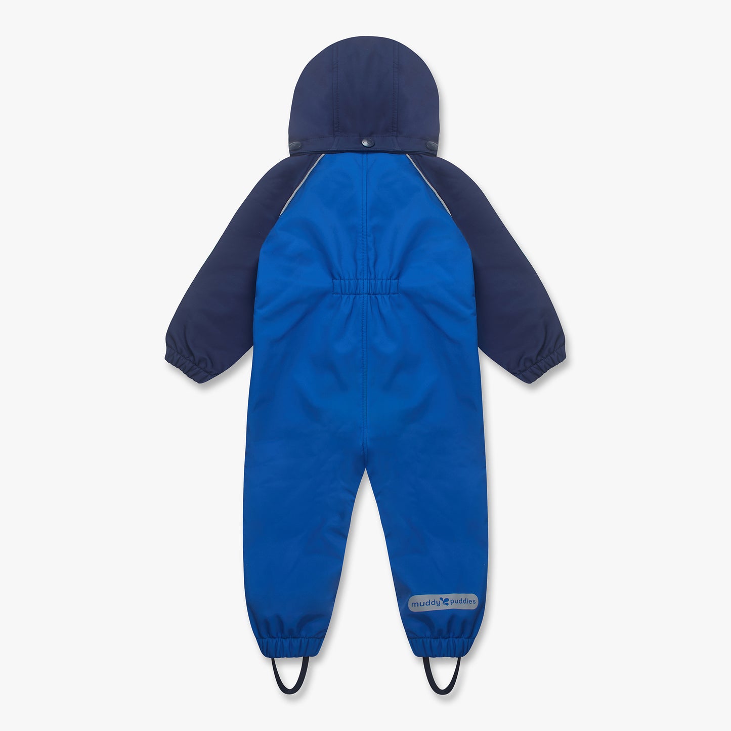 Waterproof Softshell Puddle Suit Blue; children's coverall with hood, elastic cuffs, and foot straps, featuring durable three-layer construction for all-weather adventures.