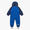 Waterproof Softshell Puddle Suit Blue; children's coverall with hood, elastic cuffs, and foot straps, featuring durable three-layer construction for all-weather adventures.