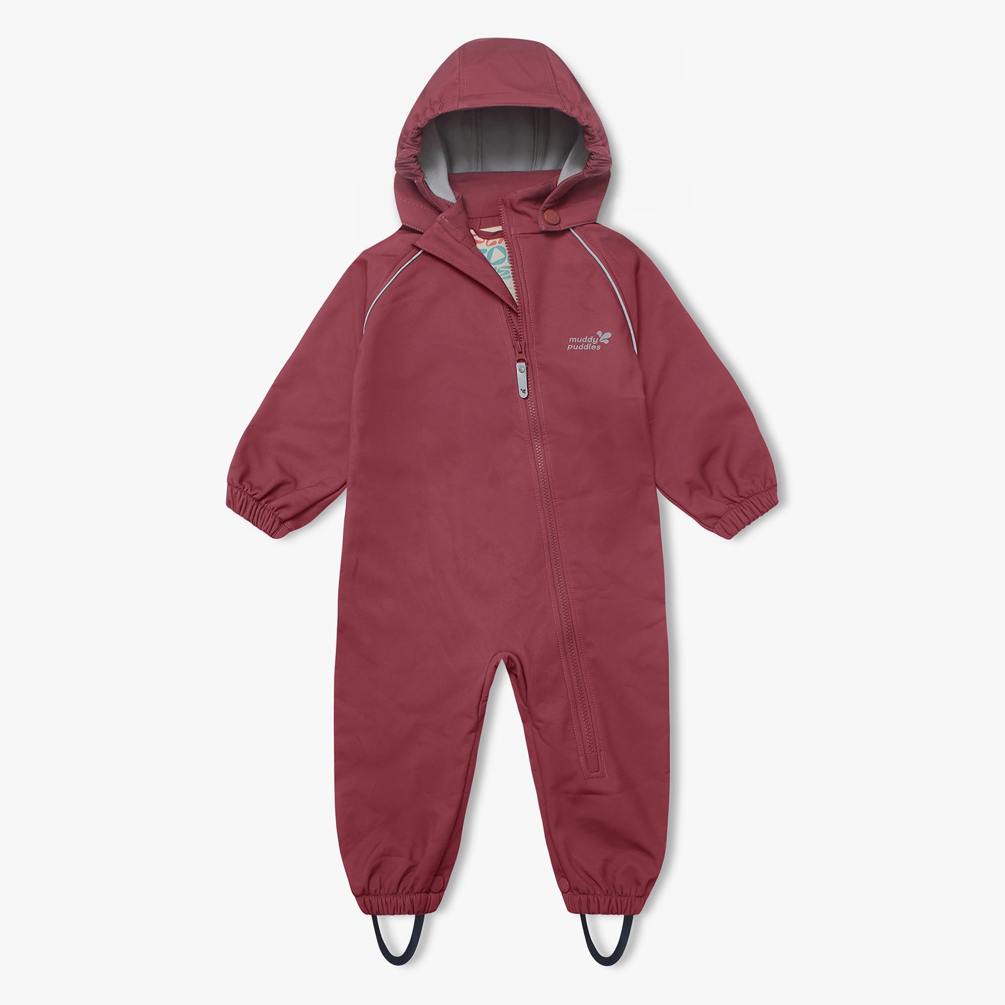 Waterproof Softshell Puddle Suit Pink, featuring a hood, full-length zipper, elastic cuffs, stirrup straps, and reflective details, designed for durable, all-weather children's adventures.