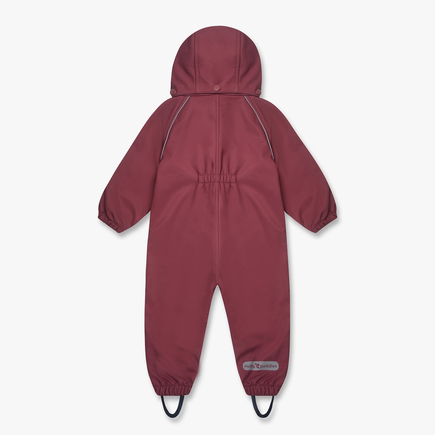 Children’s waterproof softshell puddle suit with hood, elasticated cuffs, and built-in foot straps, featuring a muddy puddles logo. Durable, ideal for outdoor adventures.