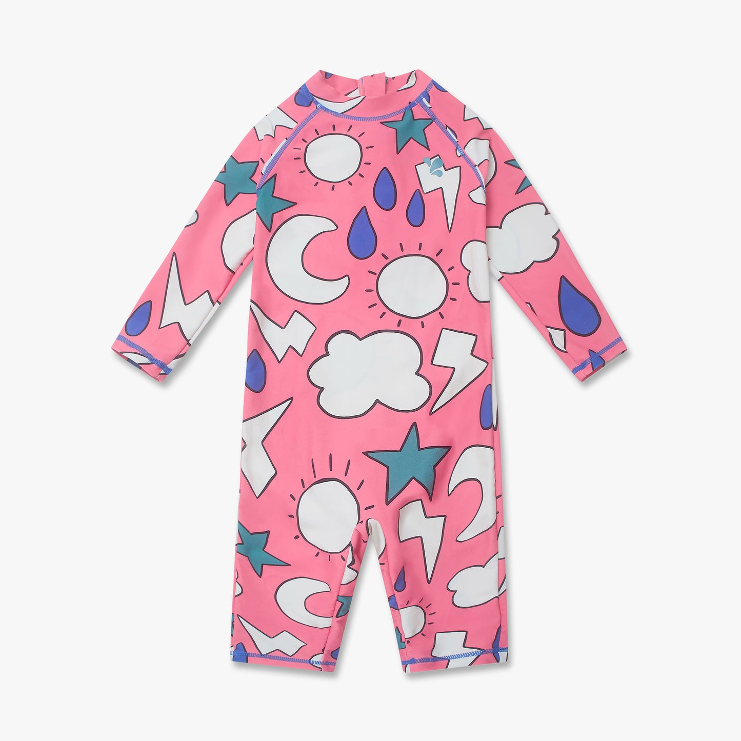 UV Protective Surf Suit Pink Weather: Whimsical long-sleeve rash guard with suns, clouds, and stars, offering sunsafe UPF 50+ coverage. Durable, stretch fabric supports movement.