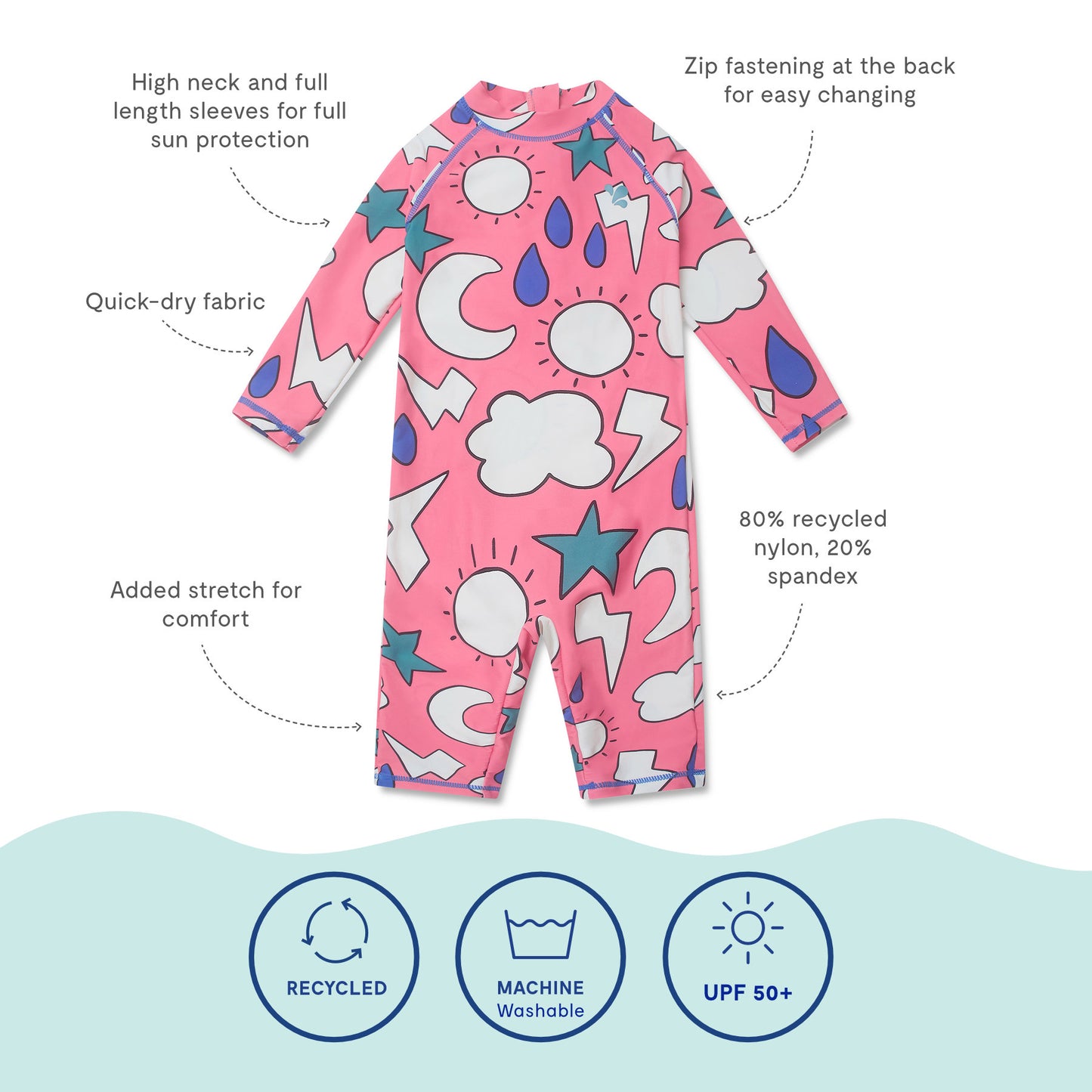 UV Protective Surf Suit Pink Weather features a bright pink print with celestial motifs, high neckline, long sleeves, quick-dry recycled fabric, and easy back zip.