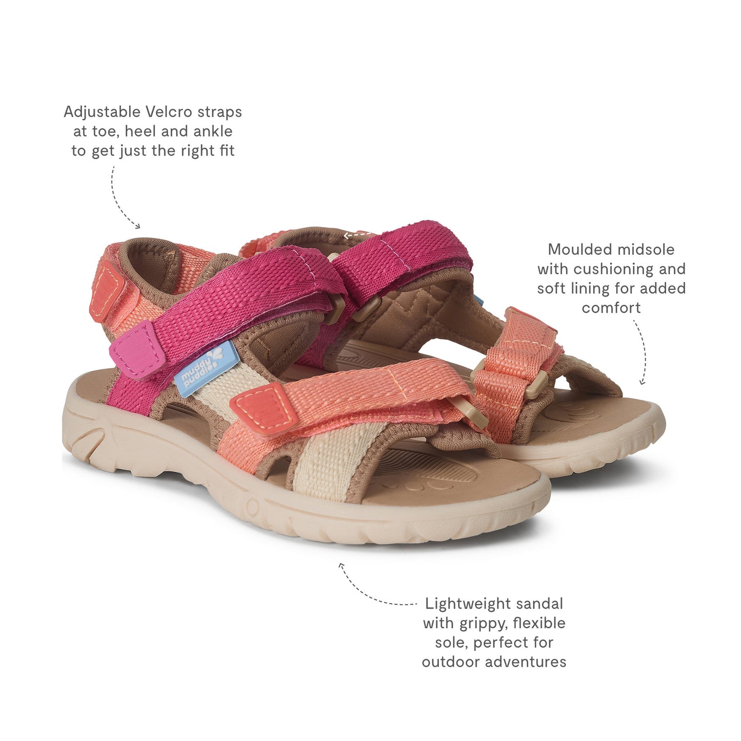 Trekker Kids Sandals Pink with adjustable Velcro straps for a custom fit, cushioned midsole, and flexible outsole, ideal for outdoor adventures.