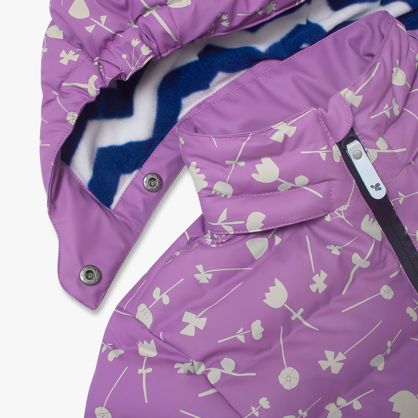 Waterproof Puffer Jacket Lilac Floral, featuring a floral-print design, detachable hood with snap fasteners, zip-front closure, and blue-and-white zigzag fleece lining for added warmth.