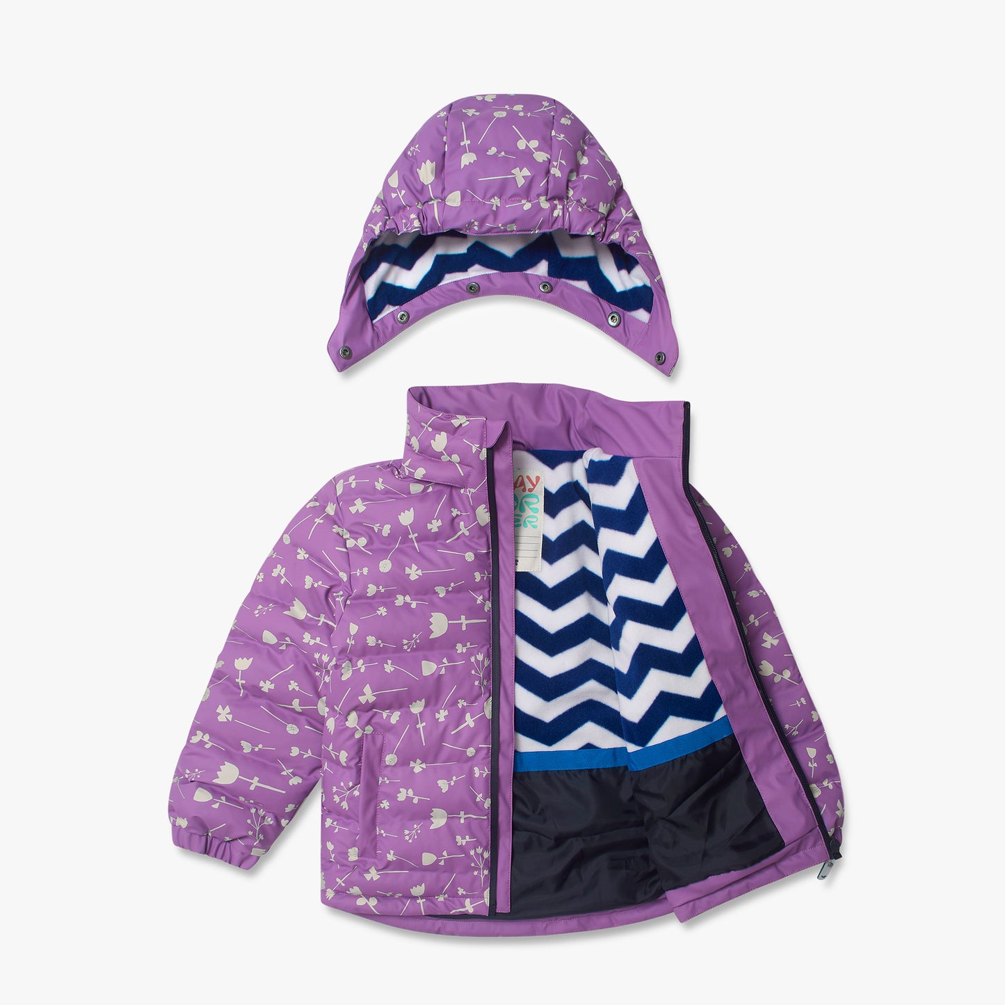 Waterproof Puffer Jacket Lilac Floral for children features a detachable hood, durable zigzag fleece lining, and elastic cuffs, perfect for outdoor adventures.