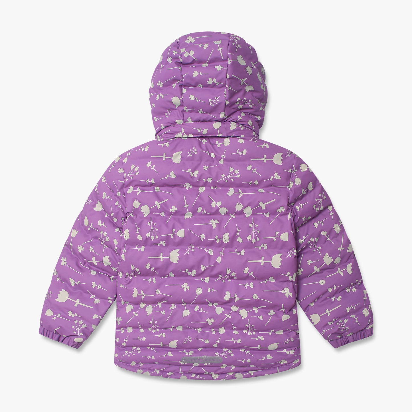 Waterproof Puffer Jacket Lilac Floral, featuring a bright purple hue with floral motifs, horizontal quilting, elasticized cuffs, and roomy hood, ideal for durable outdoor use.