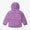 Waterproof Puffer Jacket Lilac Floral, featuring a bright purple hue with floral motifs, horizontal quilting, elasticized cuffs, and roomy hood, ideal for durable outdoor use.