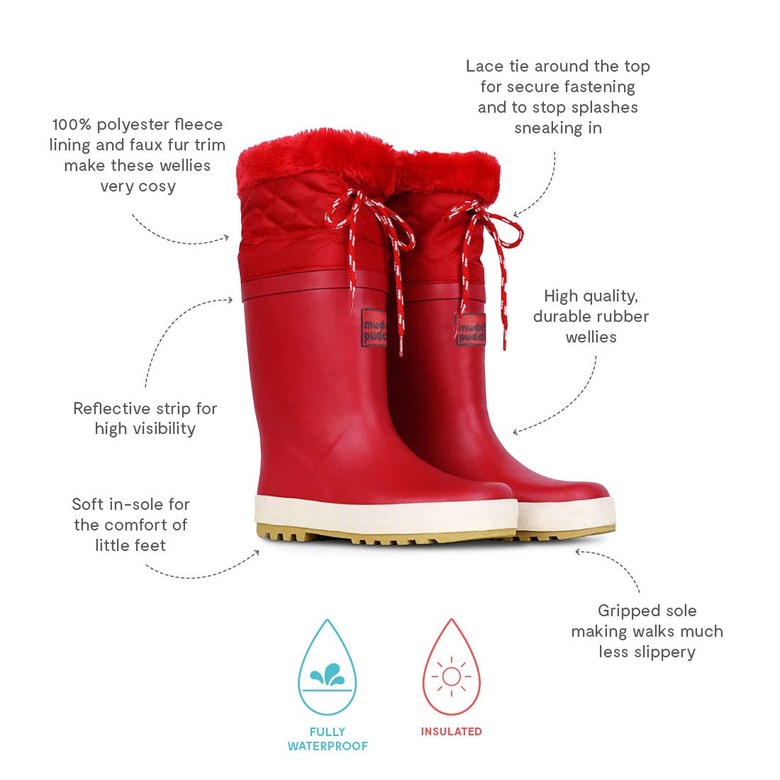 PuddleFlex Fleece Lined Wellies Red Kids Muddy Puddles